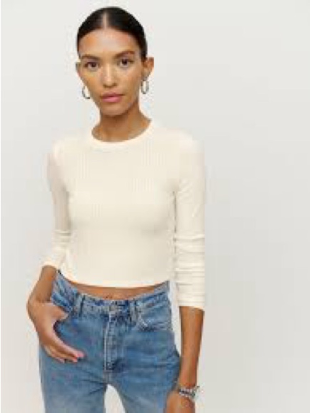 REFORMATION JEANS Jackie Crop Top Long Sleeve Ribbed Cream women’s Small